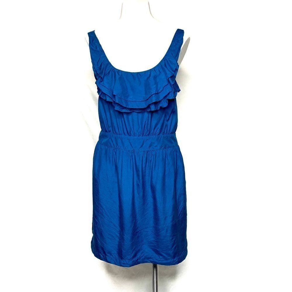 Loft blue silk tiered ruffle neckline dress size 4